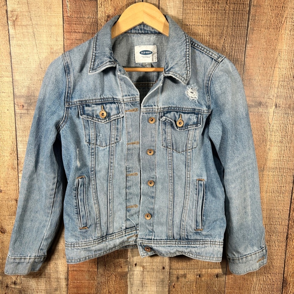 Old Navy Light Wash Distressed 100% Cotton Denim Trucker Jean Jacket Womens M